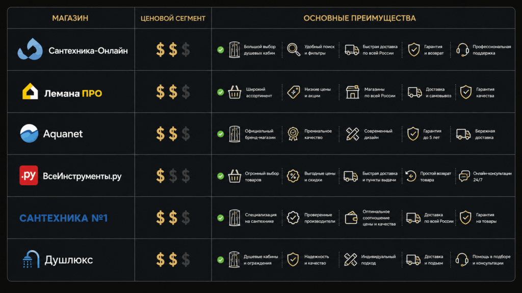Сравнение популярных магазинов душевых кабин Сравнение популярных магазинов душевых кабин